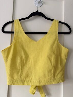 Linen Yellow V-Neck Crop Tank Top backless Small